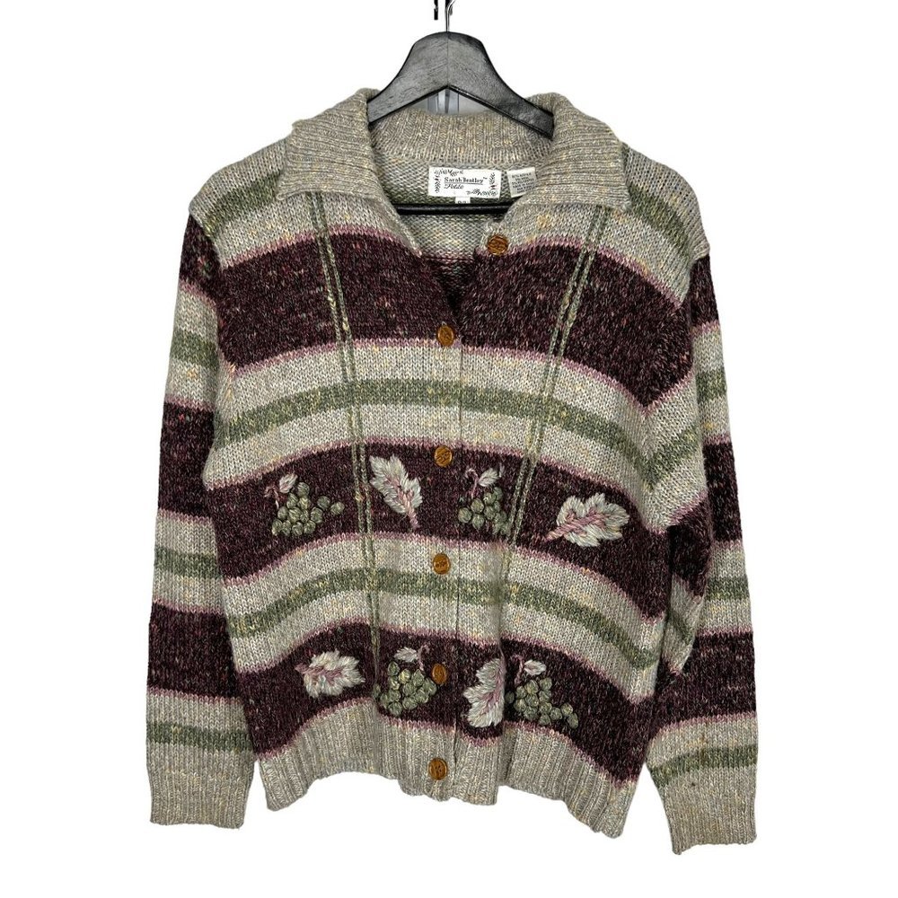 Vintage 90s Taupe Maroon Stripe Embroidered Wool Blend Knit Button Up Cardigan L